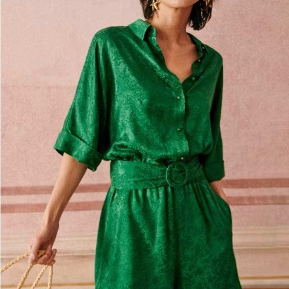 Sezane Emerald Green Satin Jumpsuit with Belt